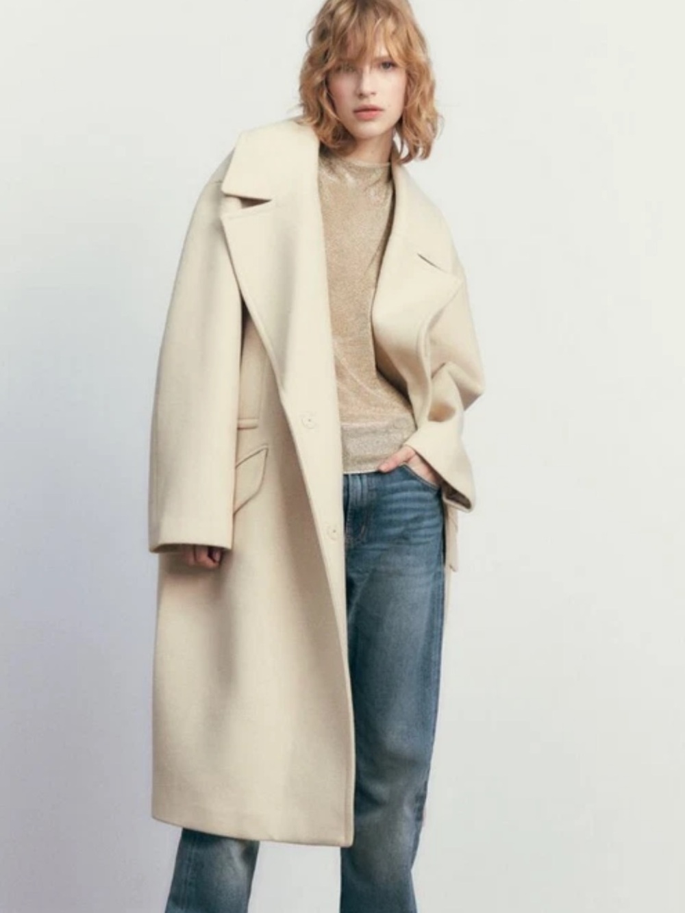Zara Vanilla Cream Oversized Coat with Pockets Ref 2675/241 Long Jacket Size S